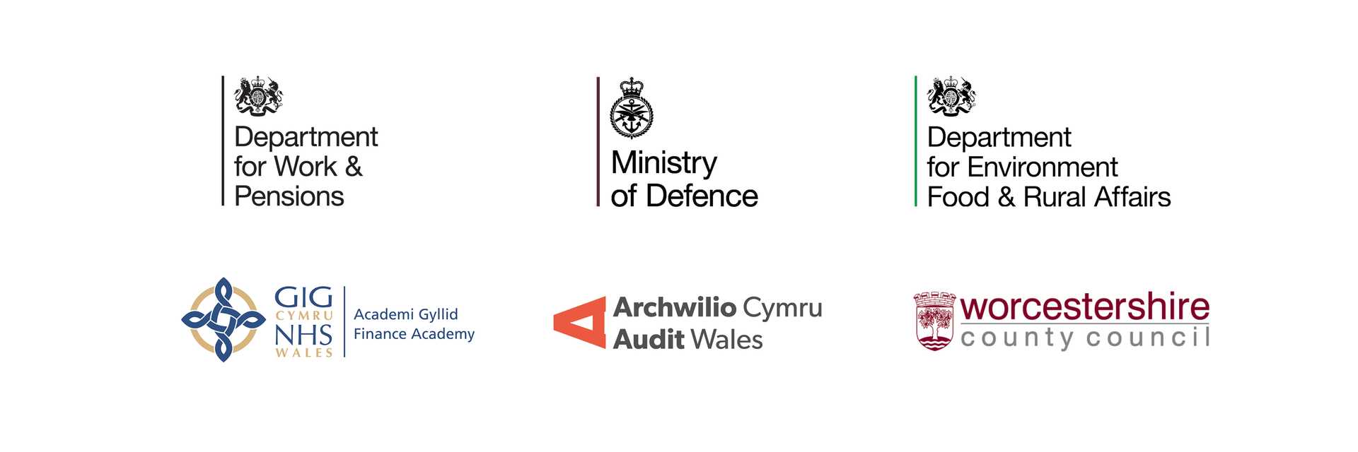 Logos for Department for Work and Pensions (DWP), Ministry of Defence (MOD), Department for Environment, Food and Rural Affairs (Defra), NHS Wales, Audit Wales, Worcestershire County Council