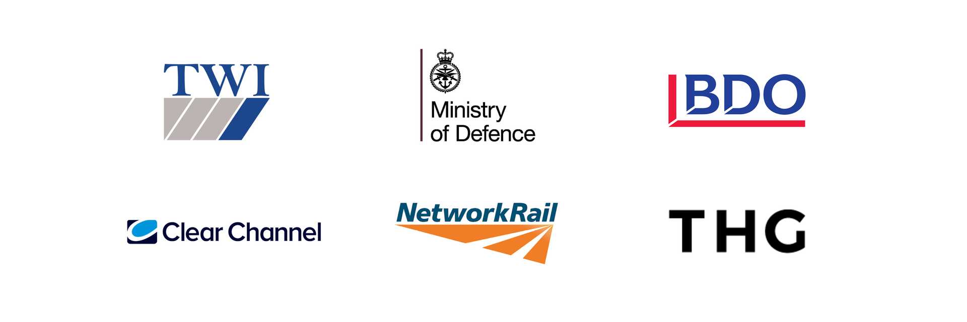 Logos for TWI, Ministry of Defence, BDO, Clear Channel, Network Rail, THG